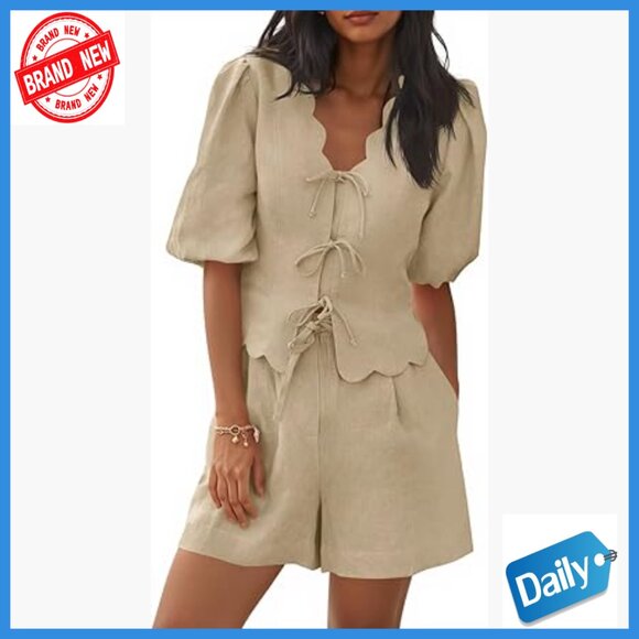Soft Cotton Lounge Set Puff Sleeve V Neck Bow Tie Wide Leg Shorts